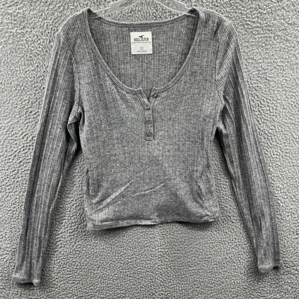 Hollister Womens Y2K Ribbed Knit Henley Top L Gray Minimalist Cozy Casual Lounge